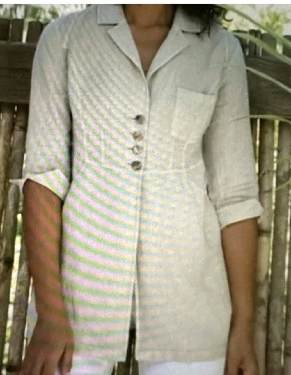 Soft Surroundings Linen Blazer Sz S Khaki Eza Jacket Top Tunic 3/4 Sleeve (G